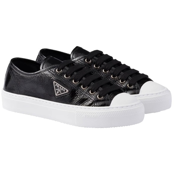 Prada Smash Naplak Black White Patent Logo Flat Low Top Trainer Sneaker 39 - Picture 1 of 15